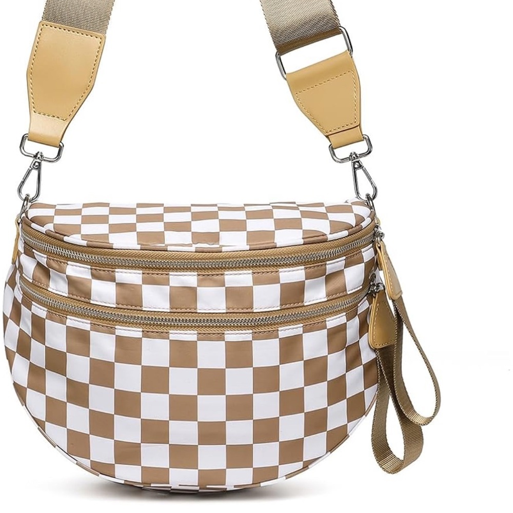 Stylish Tan and White Checkered Women's Bag